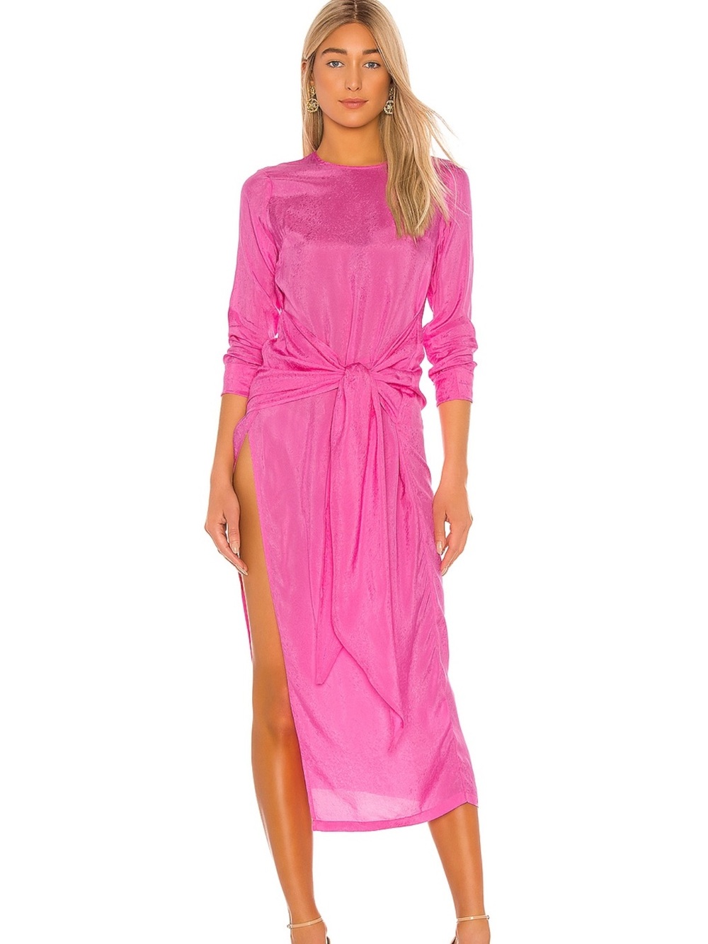 Atoir Revolve Hot Pink Long Sleeve Side Slit Tie-Waist Midi Dress